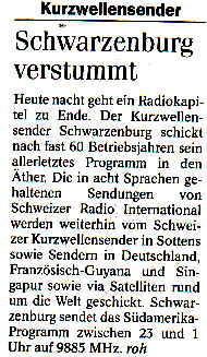Newspaper clip announcing the closure of Schwarzenburg station