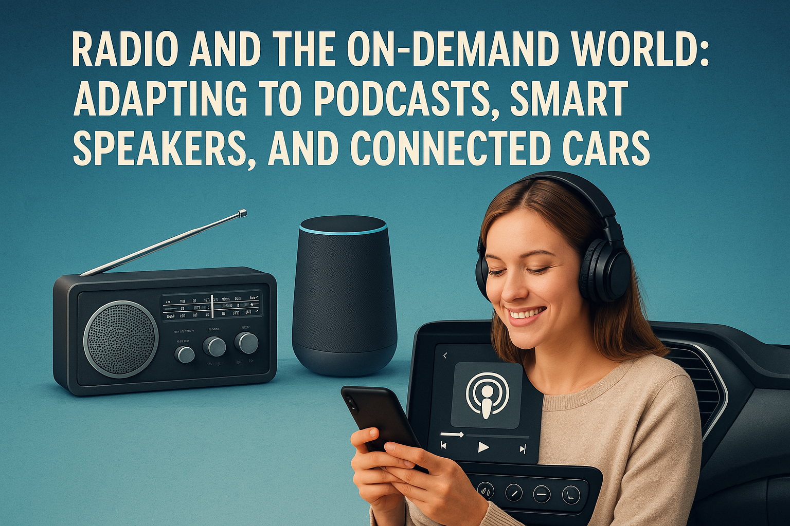 Woman with headphones surrounded by a traditional radio, smart speaker, and car display, symbolizing radio’s shift to digital audio and on-demand platform