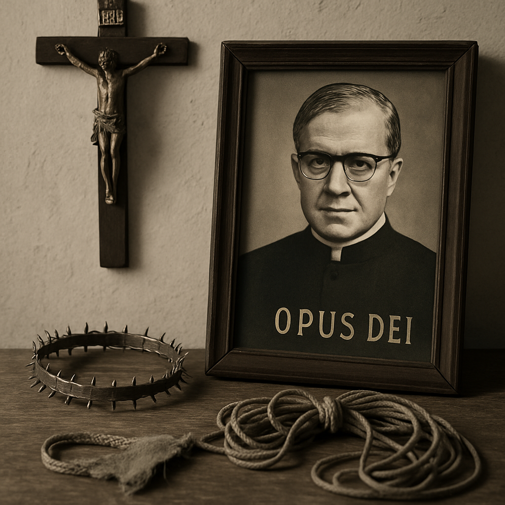 Josemaría Escrivá de Balaguer, cilice and discipline, instruments historically associated with corporal mortification within Opus Dei.